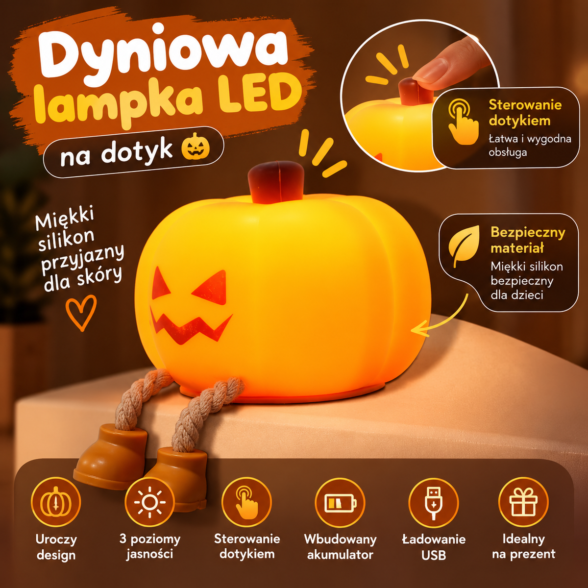 BooGlow – Dyniowa Lampka LED na Dotyk